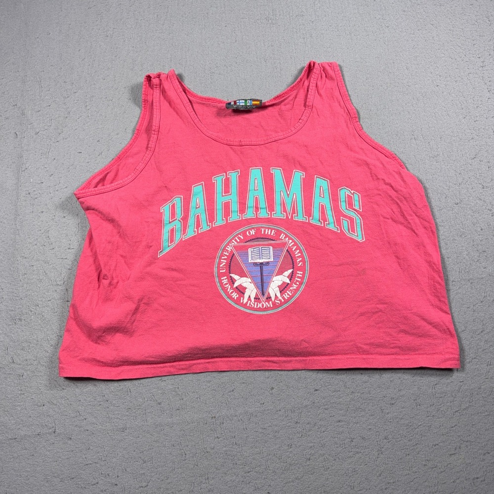 VTG Bahamas University Graphic Crop Tank Top Women Pink 80s Casual Made in USA